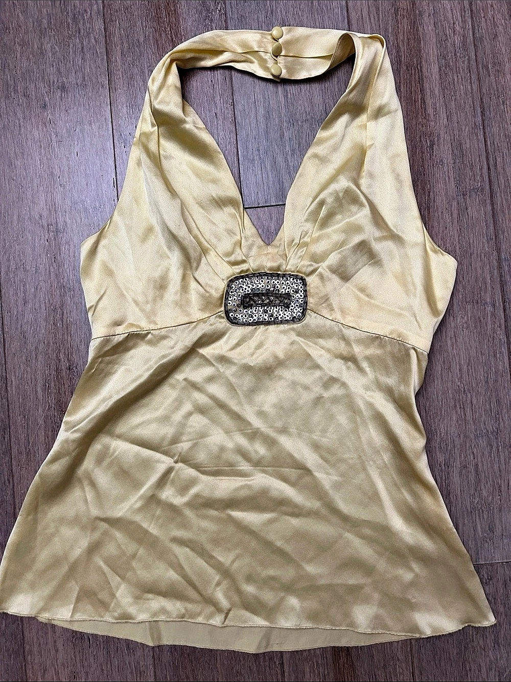Sandra Angelozzi Silk Embellished Halter Tank in Yellow size small Y2K
